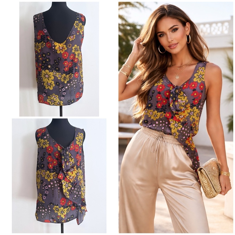Authentic Marni 100% Silk Vibrant retro Floral Cascading Ruffle Floral Shell Top